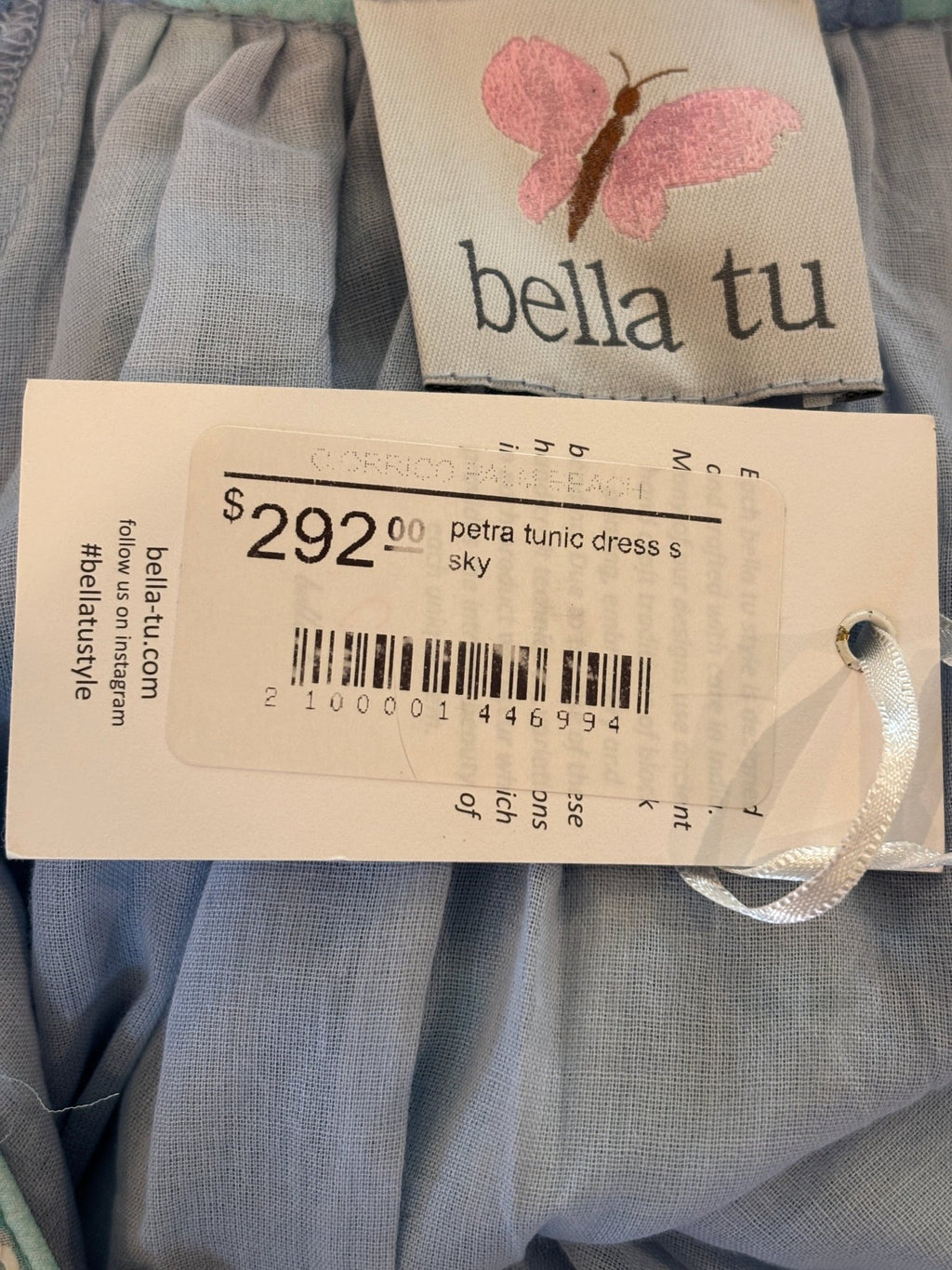 Bella Tu brand tag and retail tag showing Petra Tunic Dress, sky colorway, size small, retail price $292