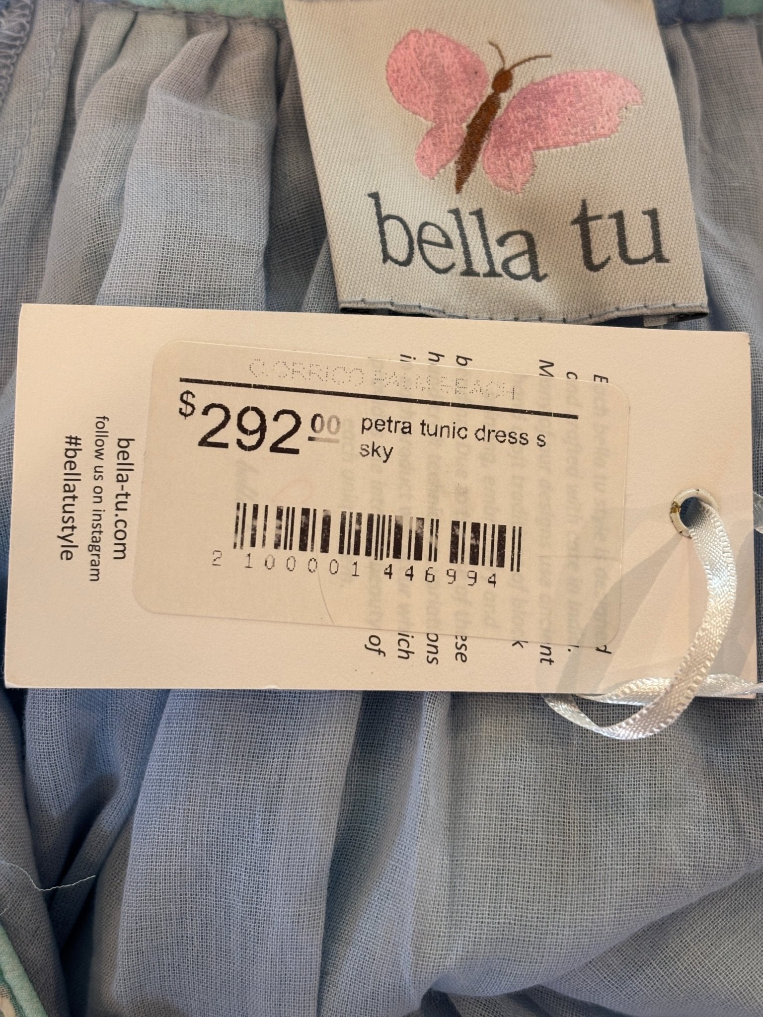 Bella Tu brand tag and retail tag showing Petra Tunic Dress, sky colorway, size small, retail price $292
