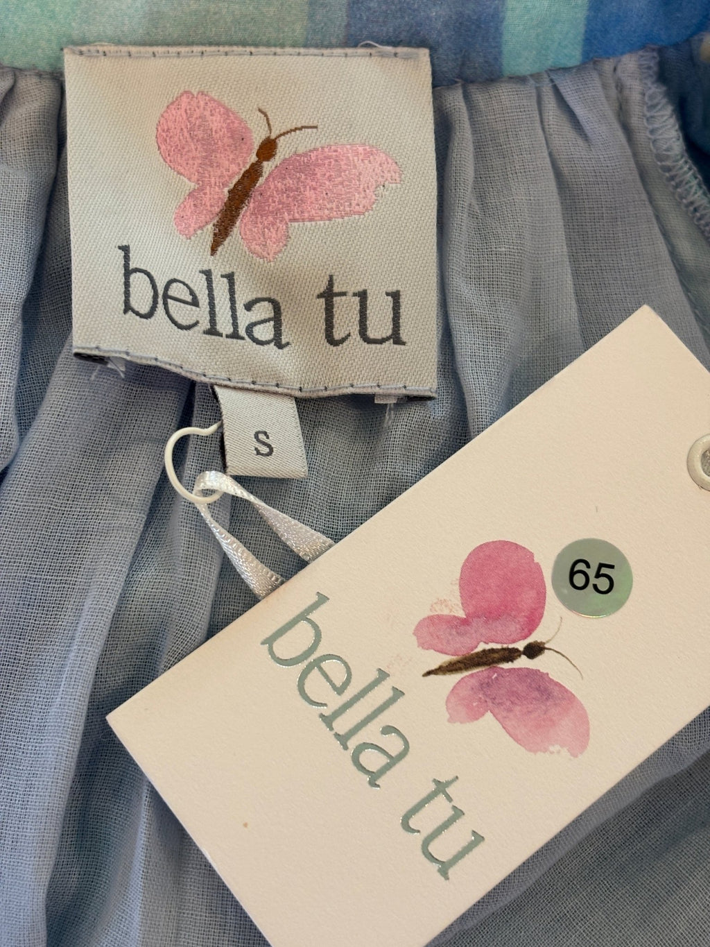 Bella Tu brand tag and retail tag showing Petra Tunic Dress, sky colorway, size small