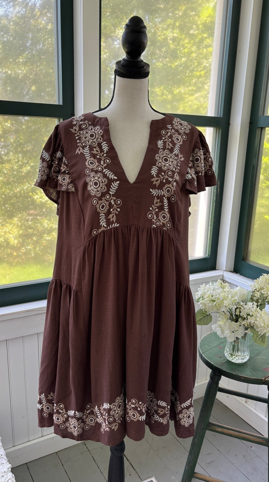 Belle Isle by Torrid boho mini dress brown embroidered flutter trapeze mini dress front view