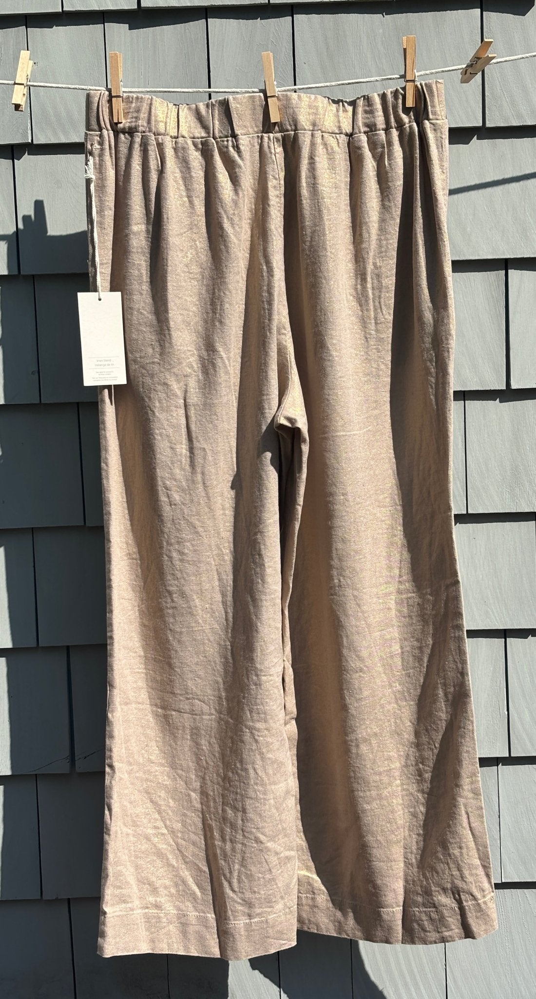 Boho thrifted pants Joie natural linen wide leg pants back view elasticated waistband NWT