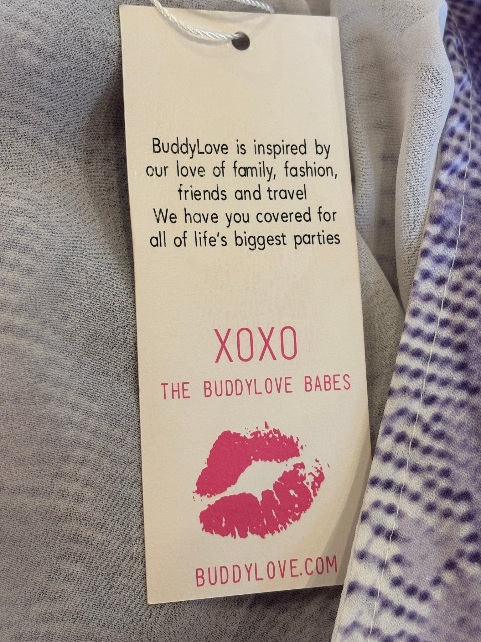 BuddyLove brand hang tag on Hailey Haze lavender snake print mini dress, size Medium NWT