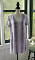 BuddyLove Hailey Haze lavender snake print mini dress on mannequin, V-neckline with button-down front and short sleeves, size Medium NWT