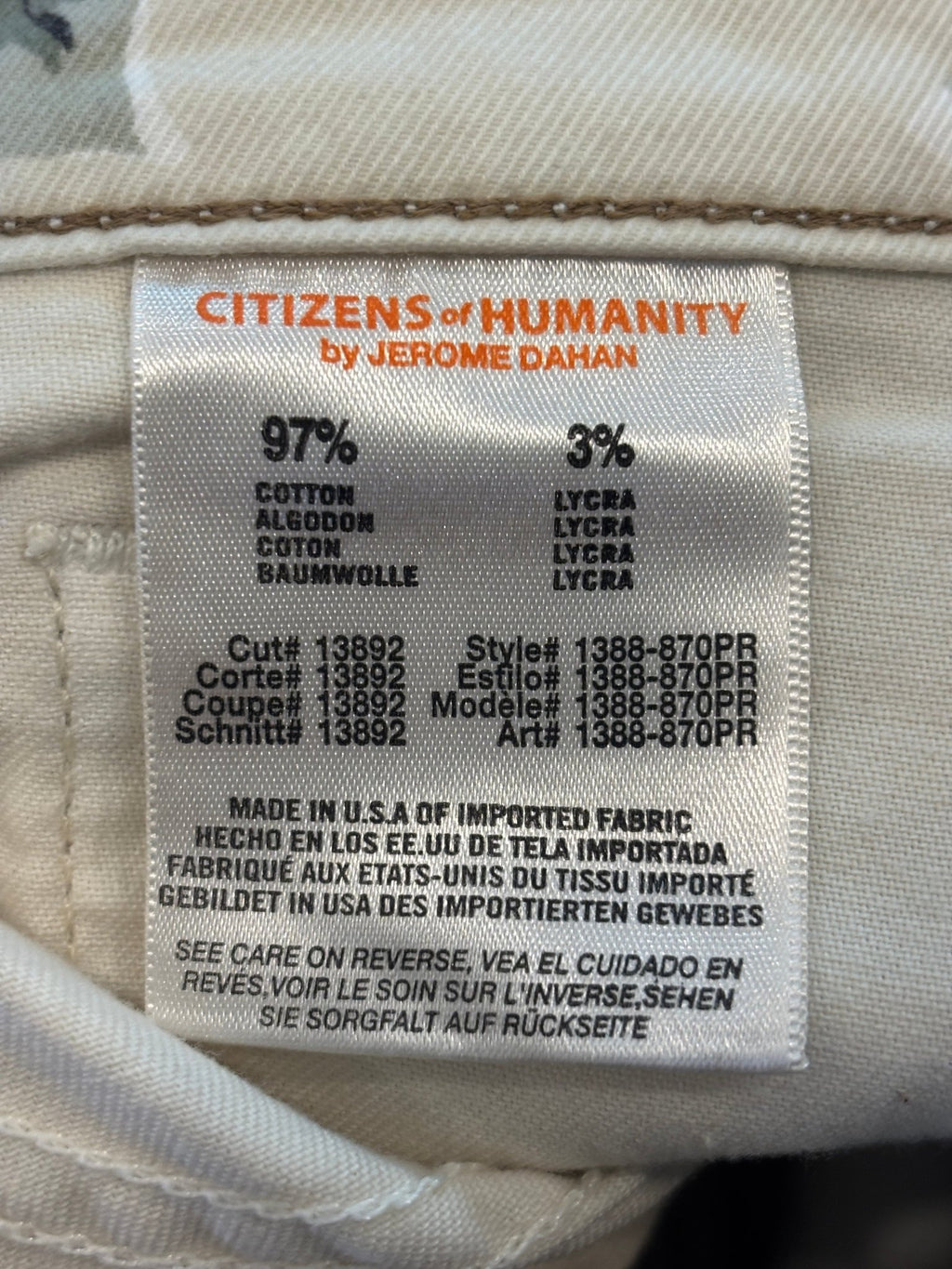 Interior fabric label showing 97% Cotton 3% Lycra, Made in USA of imported fabric, style 1388-870PR