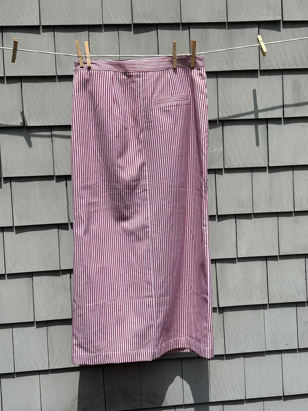 Classic preloved skirts Torn by Ronny Kobo burgundy stripe midi pencil skirt back view