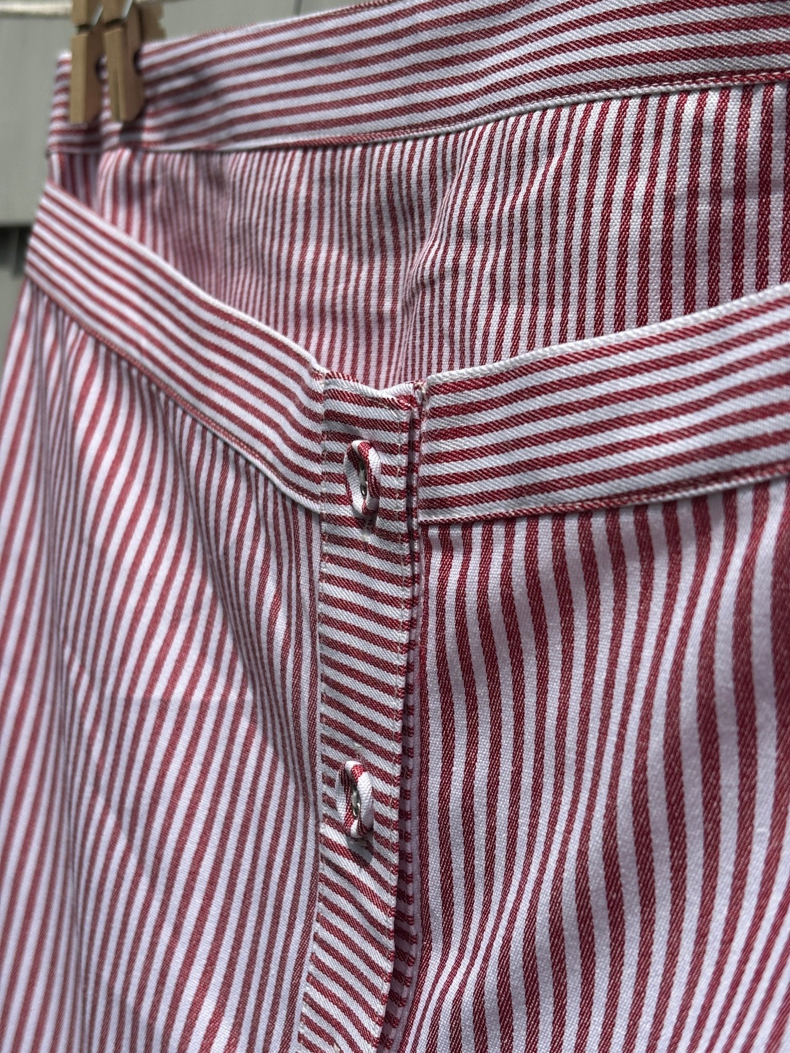 Torn by Ronny Kobo preloved skirt ring pull button detail close up burgundy stripe Classic preloved skirts