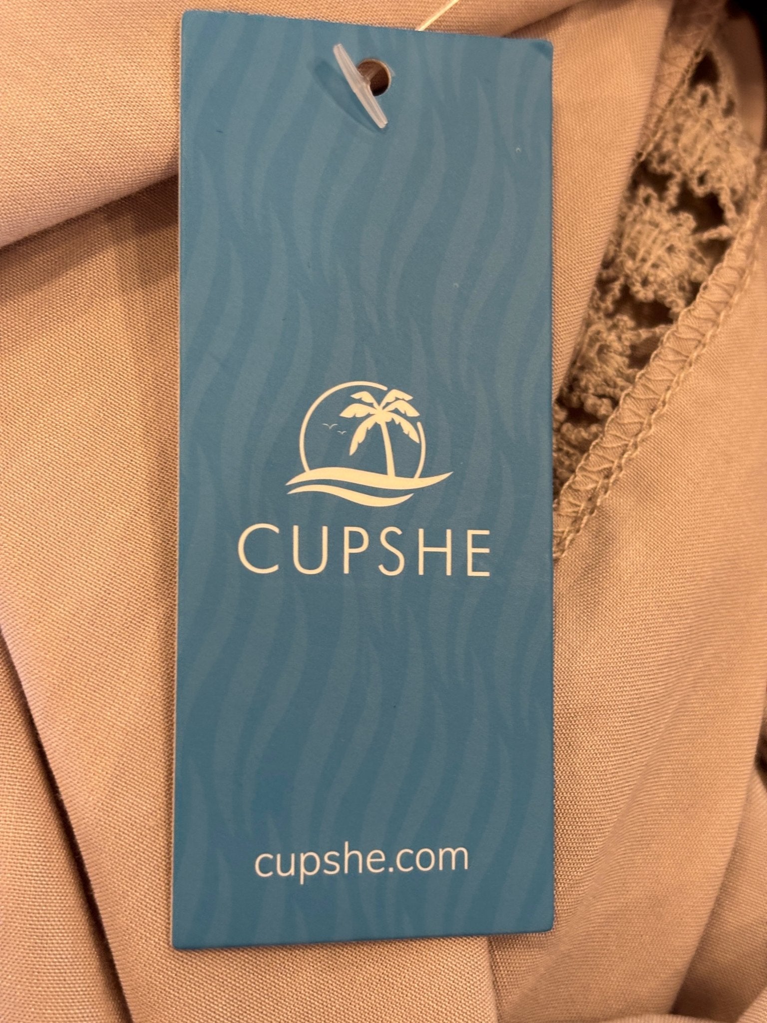 Cupshe brand hang tag on blush lace trim mini dress, size Small NWT
