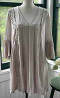 Cupshe blush lace trim mini dress on mannequin, V-neckline with empire waist and open crochet lace 3/4 sleeves, size Small NWT