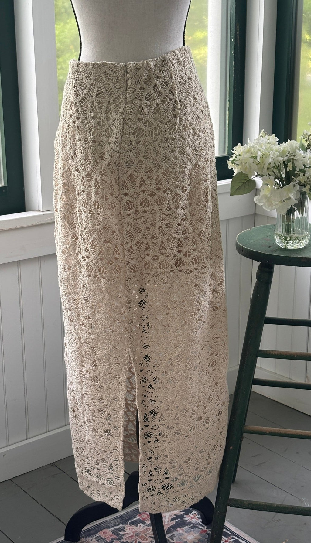 Curated new skirts LOFT cream crochet lace maxi skirt back slit view NWT