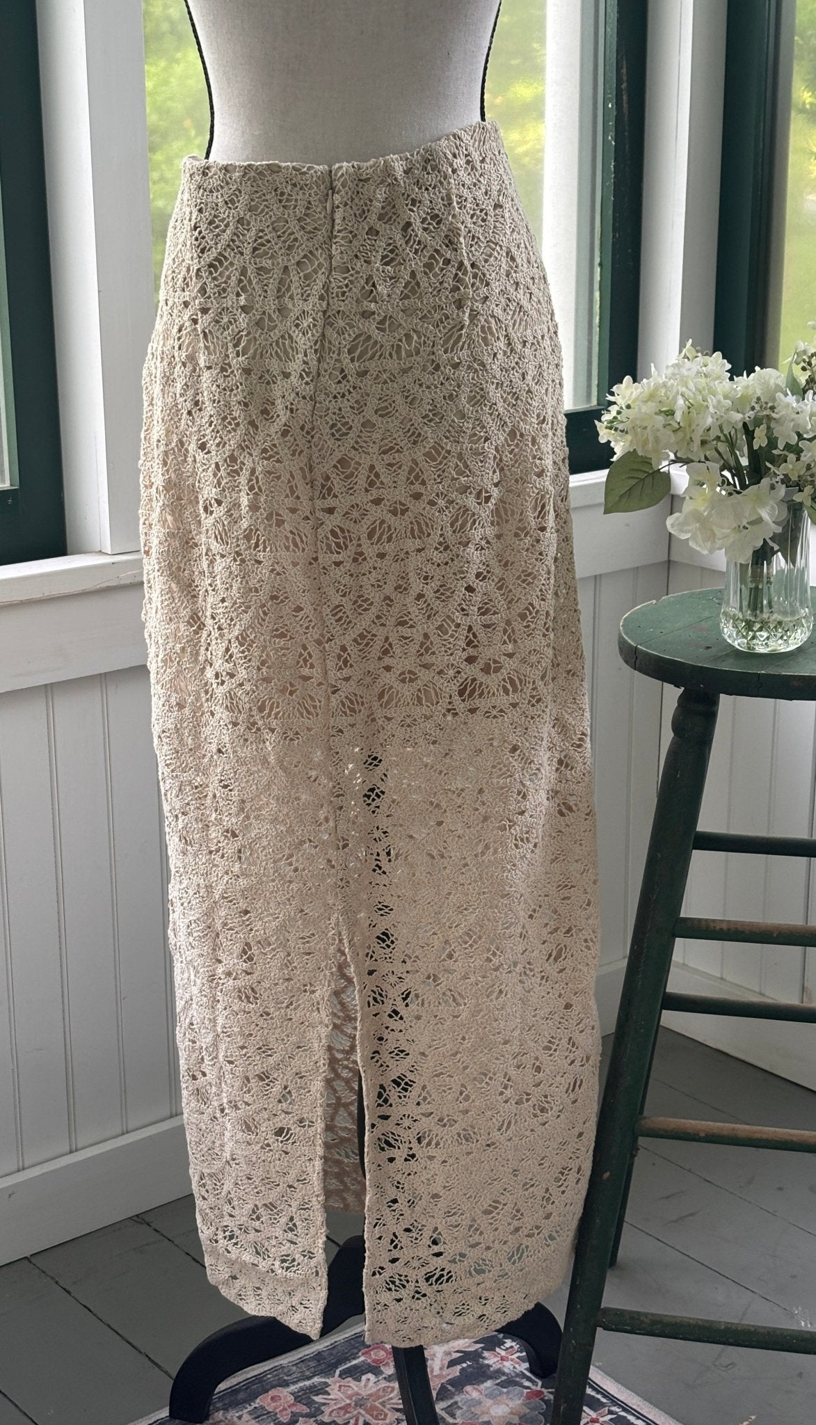 Curated new skirts LOFT cream crochet lace maxi skirt back slit view NWT