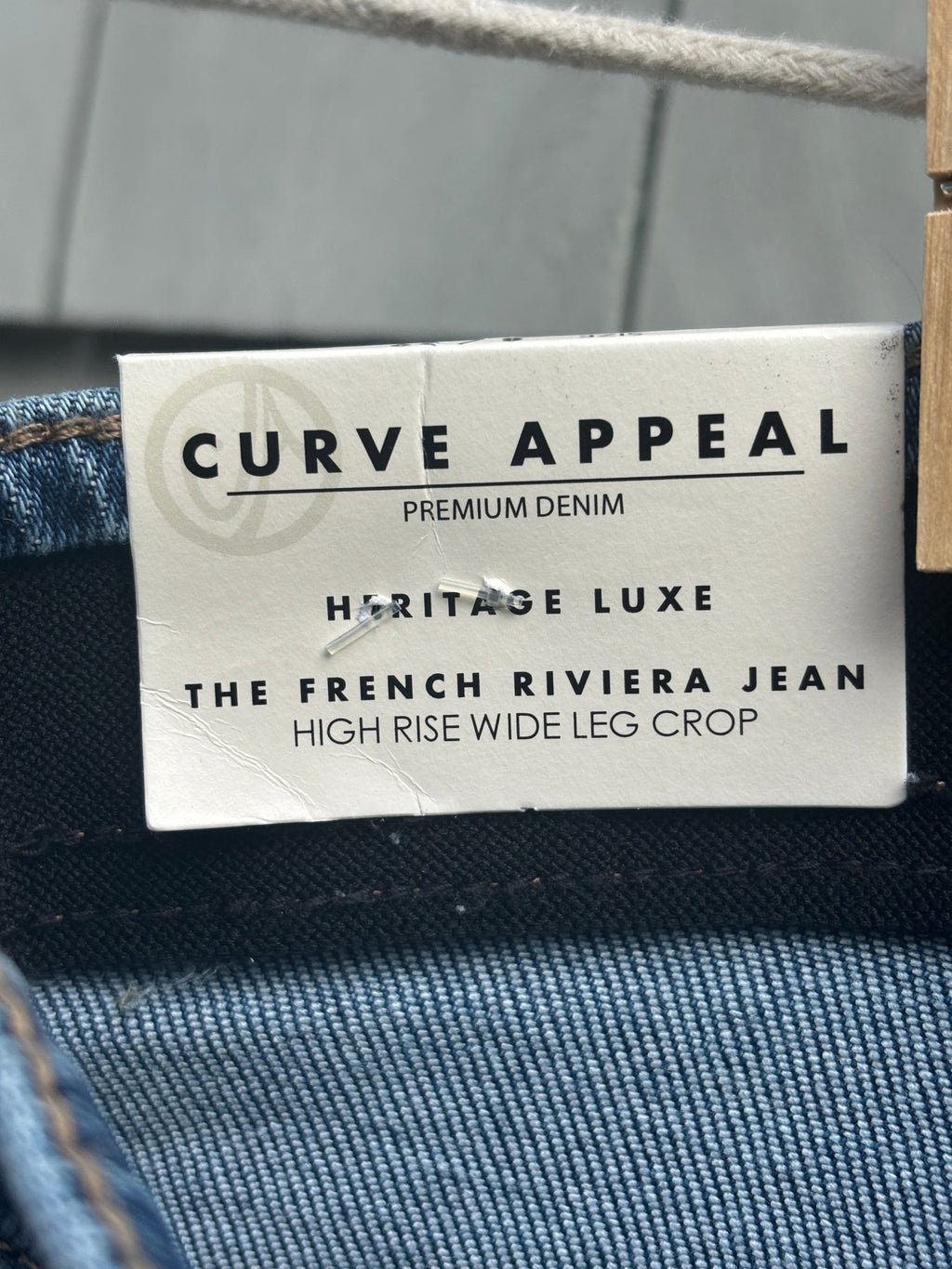 Curve Appeal Heritage Luxe French Riviera Jean hang tag, high rise wide leg crop