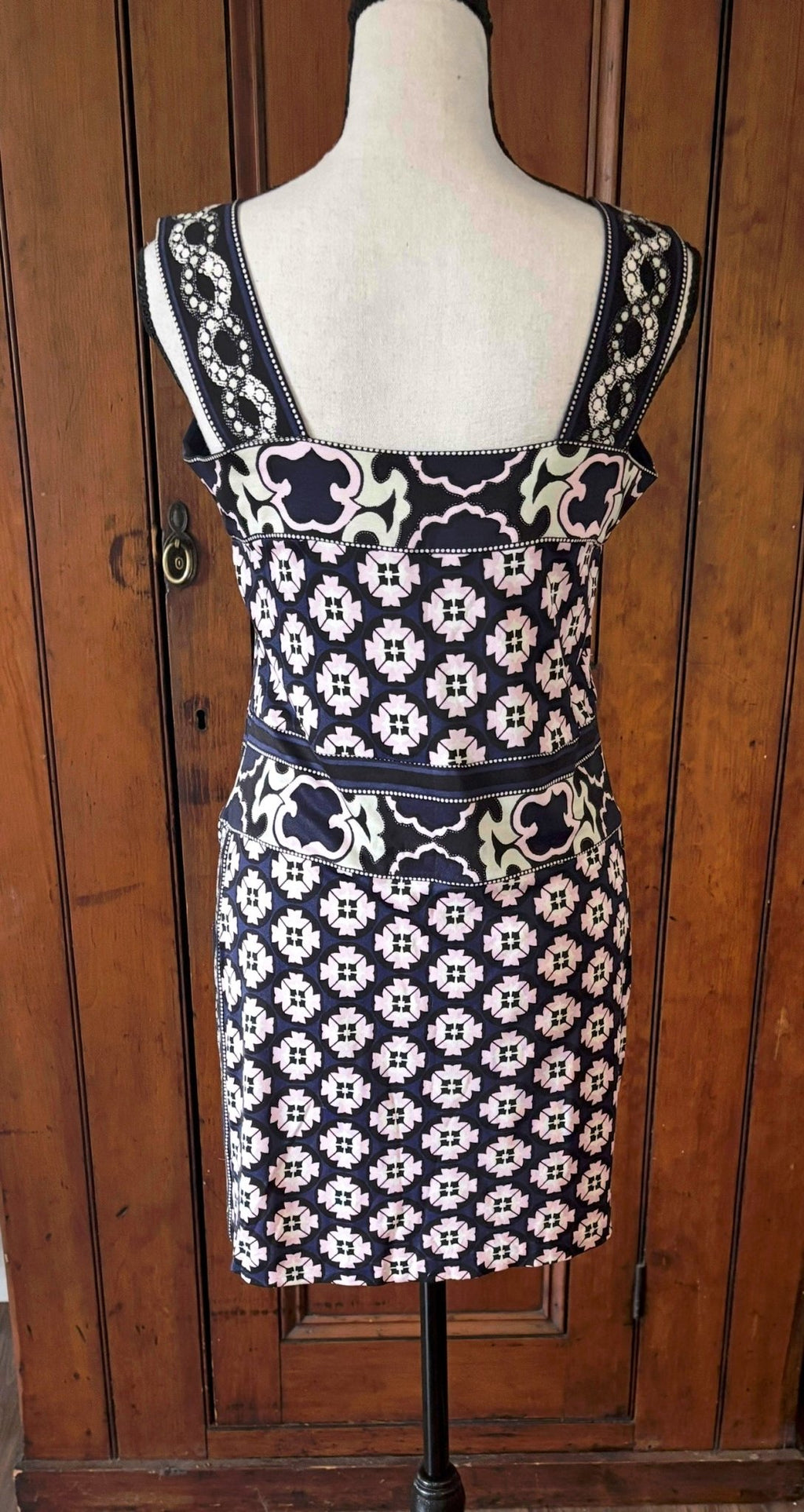 DVF blue pink cream geometric mini dress back view thrifted designer dresses like new Sassy and Chic
