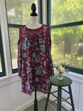 NWT Entro deep burgundy floral crochet yoke mini dress on dress form, full front view