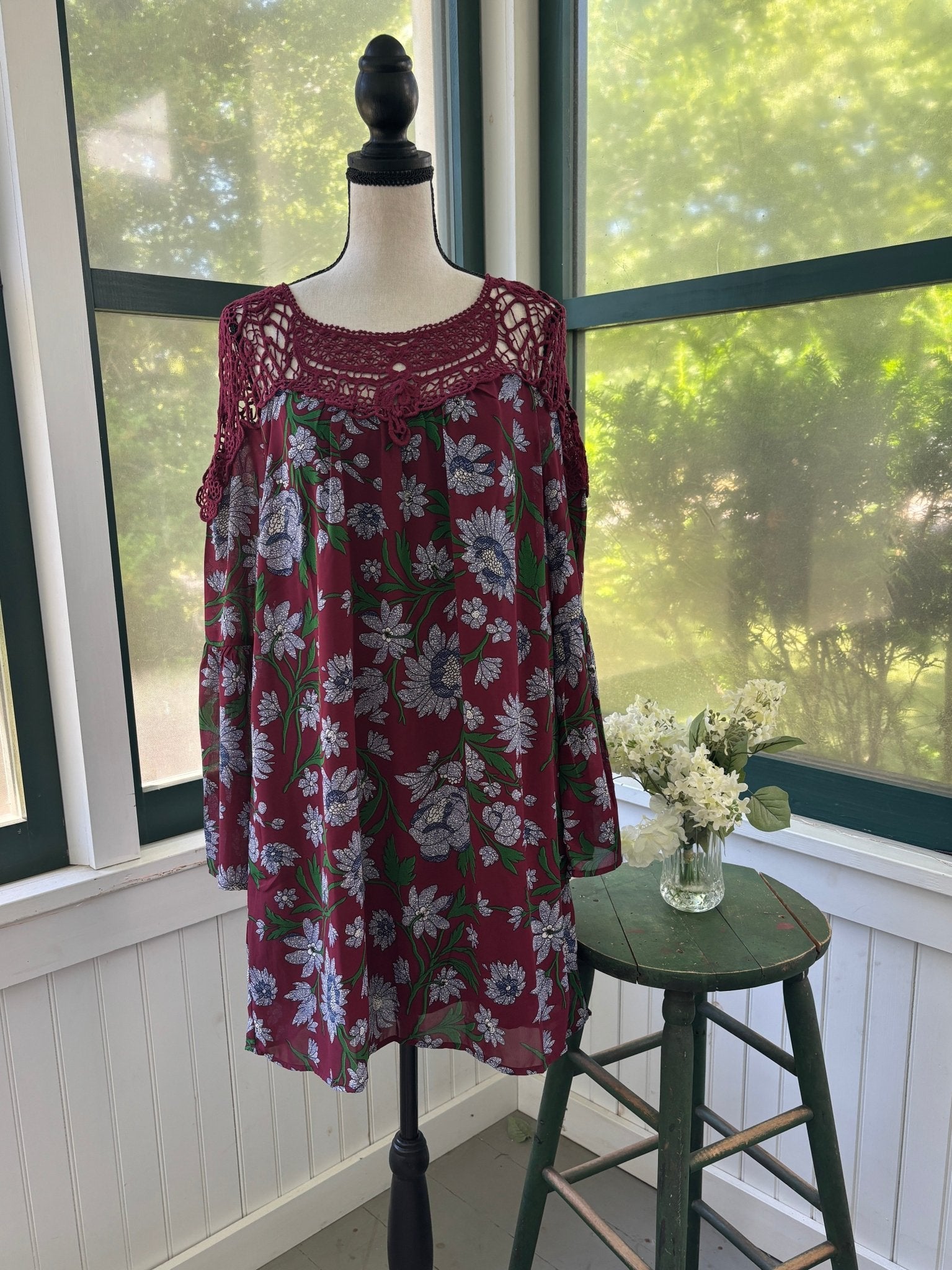 NWT Entro deep burgundy floral crochet yoke mini dress on dress form, full front view