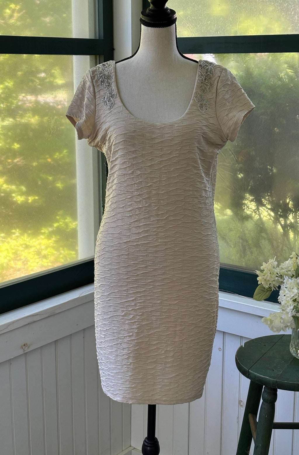 Free People beaded open back dress size medium blush ivory silver beading front view like new