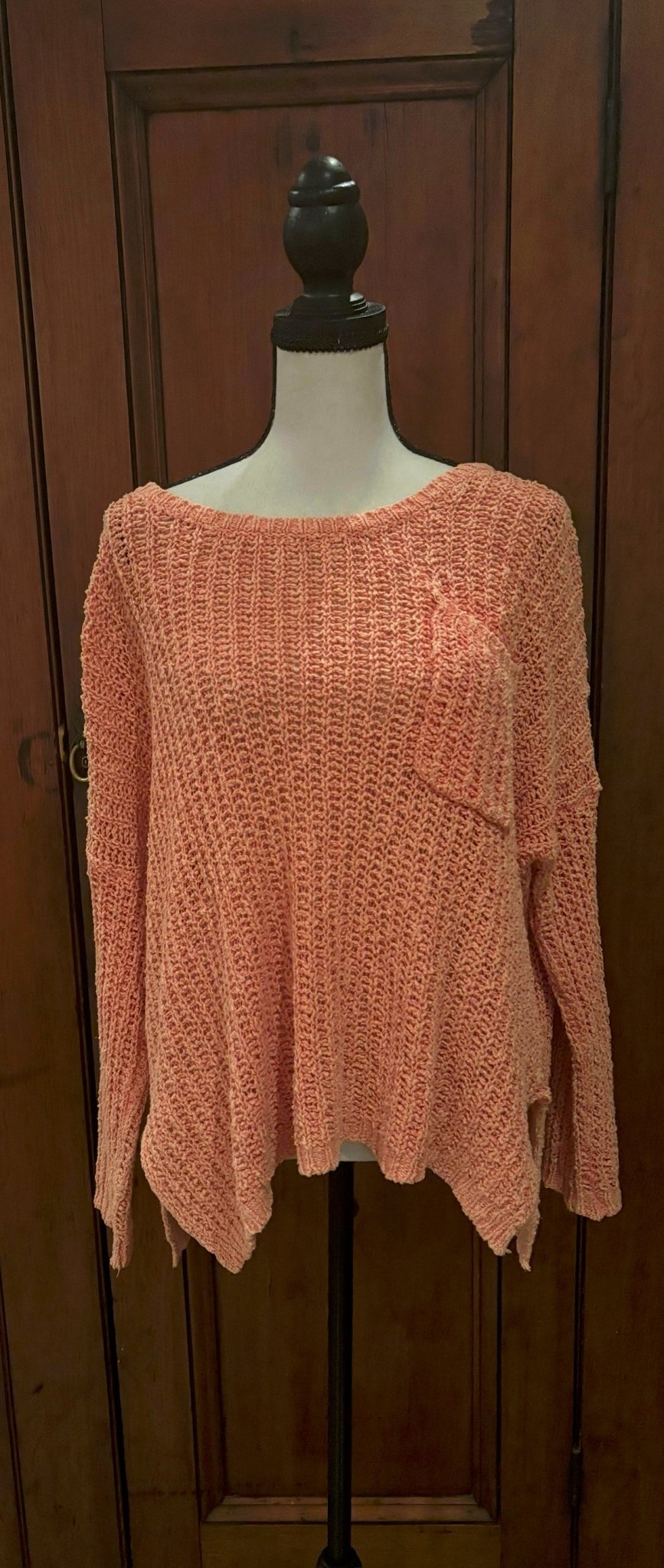 Free People pink orange pullover front view relaxed long sleeve silhouette thrifted sweaters Sassy and Chic