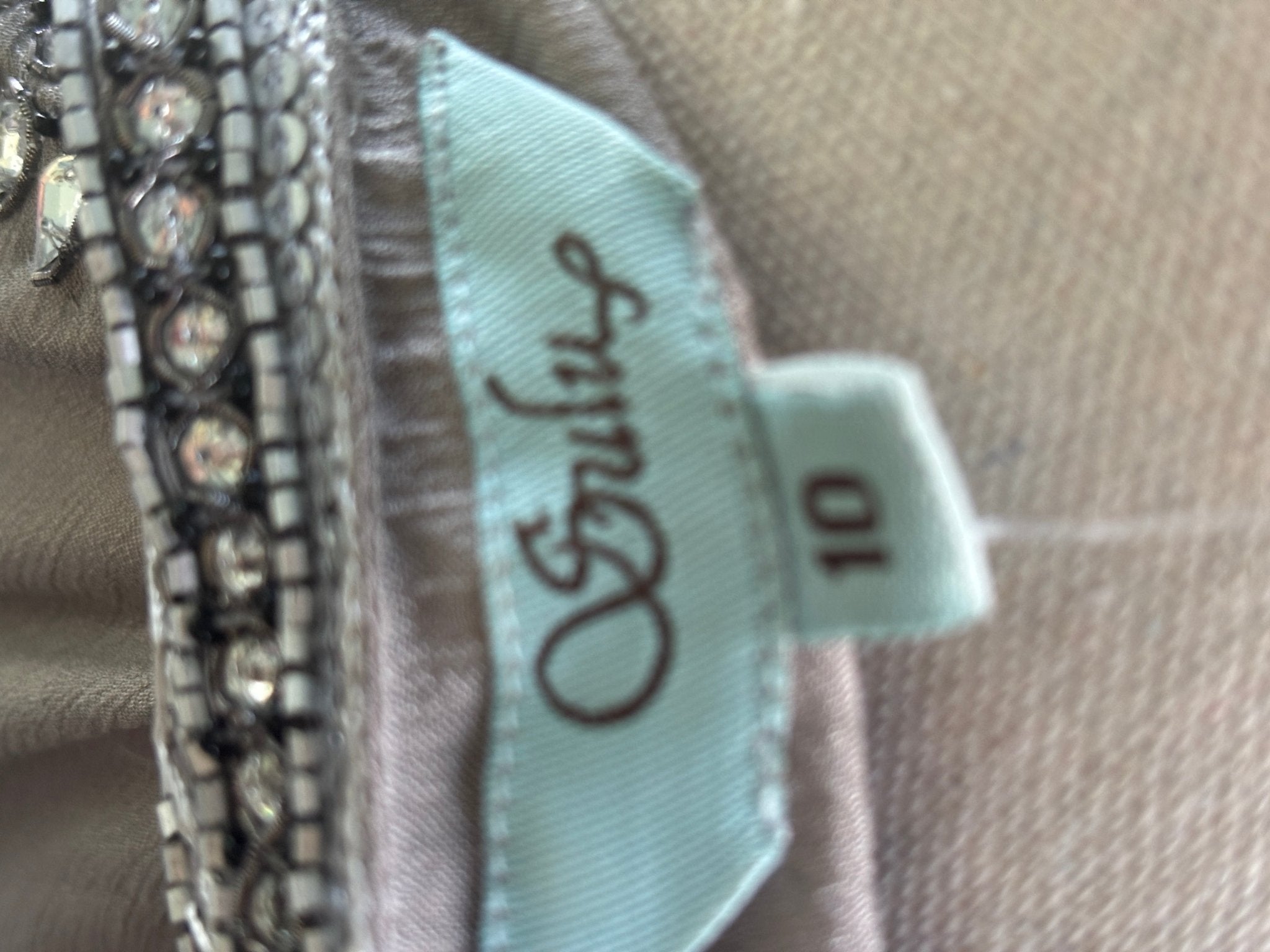Grids by Sulu Collection brand label with size 10 tag inside taupe beaded tunic dress