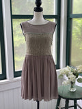 Hayden Los Angeles taupe crinkle drop waist dress on mannequin, sage green floral lace bodice panel and full gathered skirt, size Small NWT