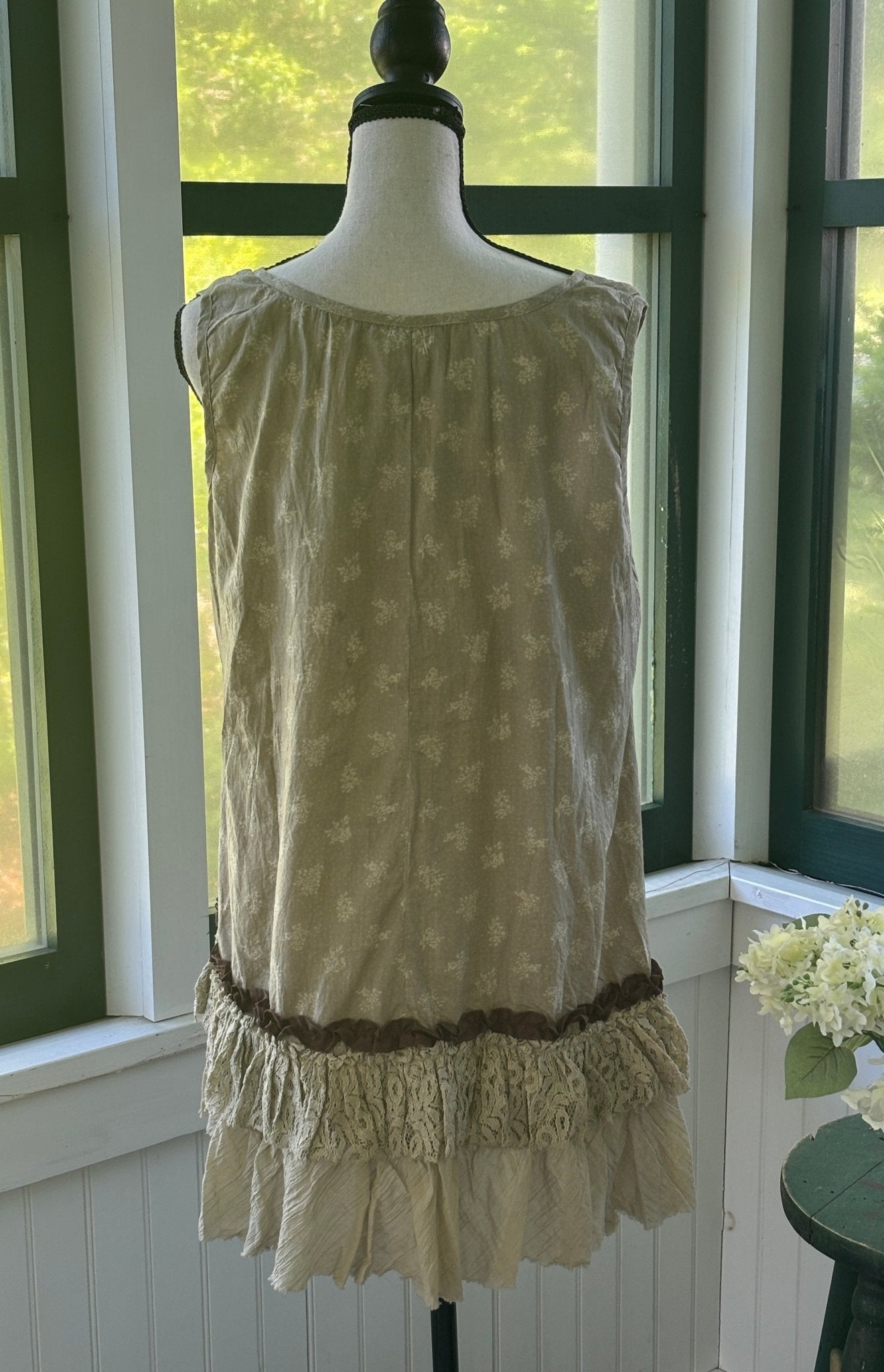Indigo Thread Co boho summer dress sage floral cotton tiered ruffle hem back view size medium