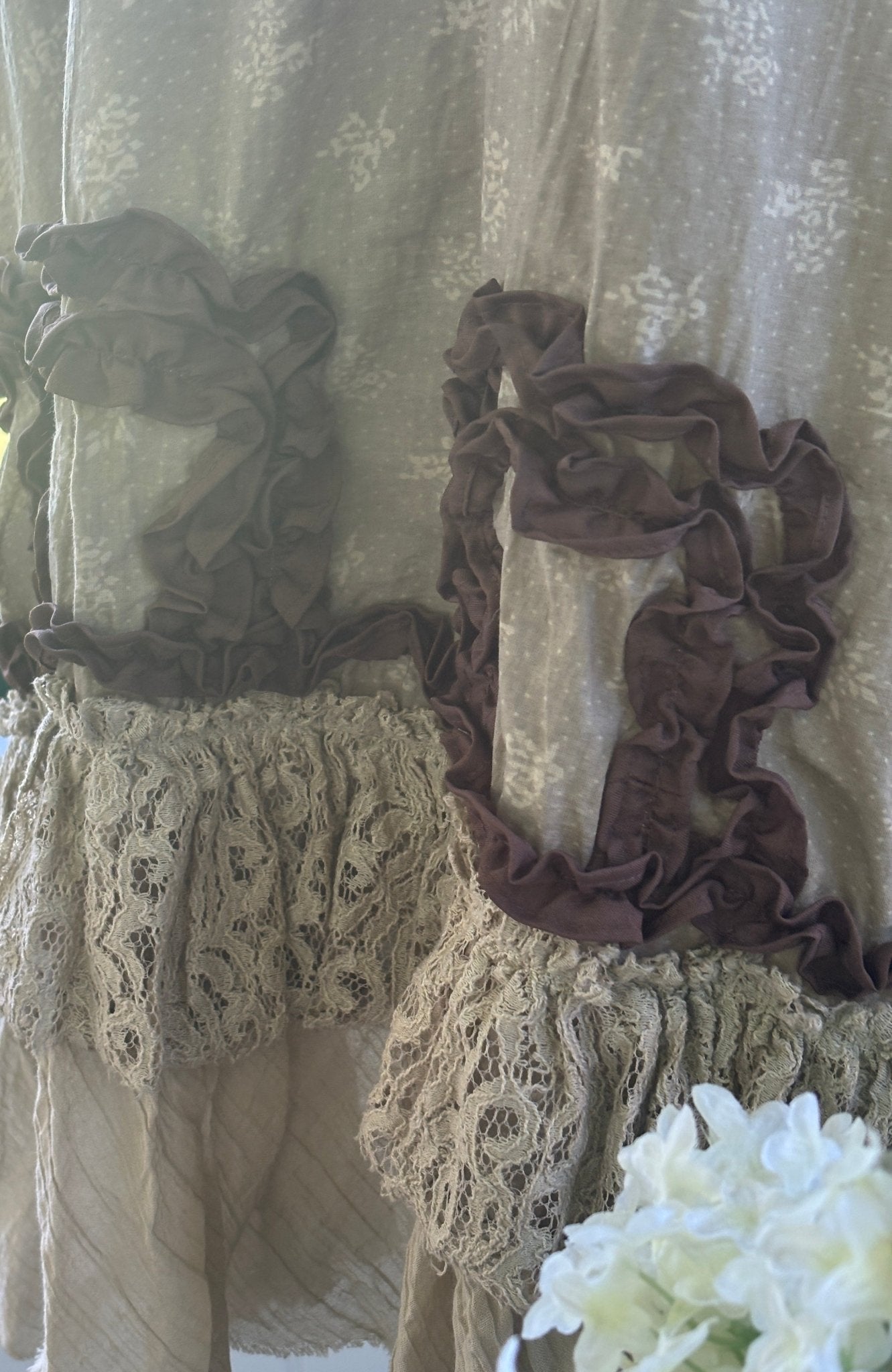 Indigo Thread Co boho summer dress mocha ruffle trim and vintage lace detail close up