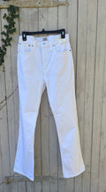 J.Crew Curvy Full Length Demi Boot white jeans hanging on fence, front view showing high rise and flared leg, size 30 NWT