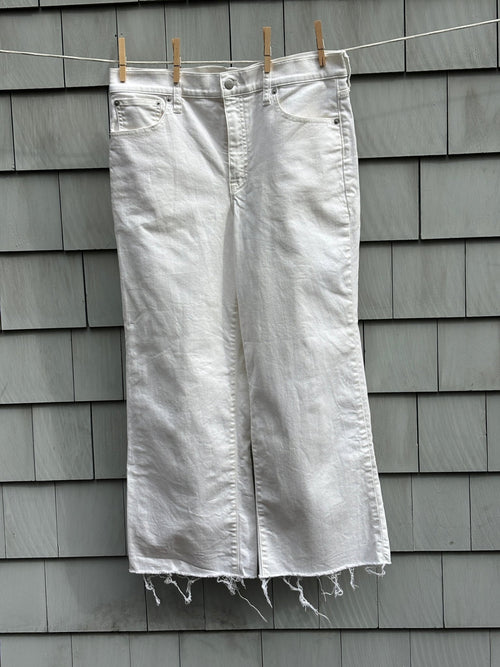 J.Crew white wide leg crop jeans raw frayed hem size 30 like new front view clothesline