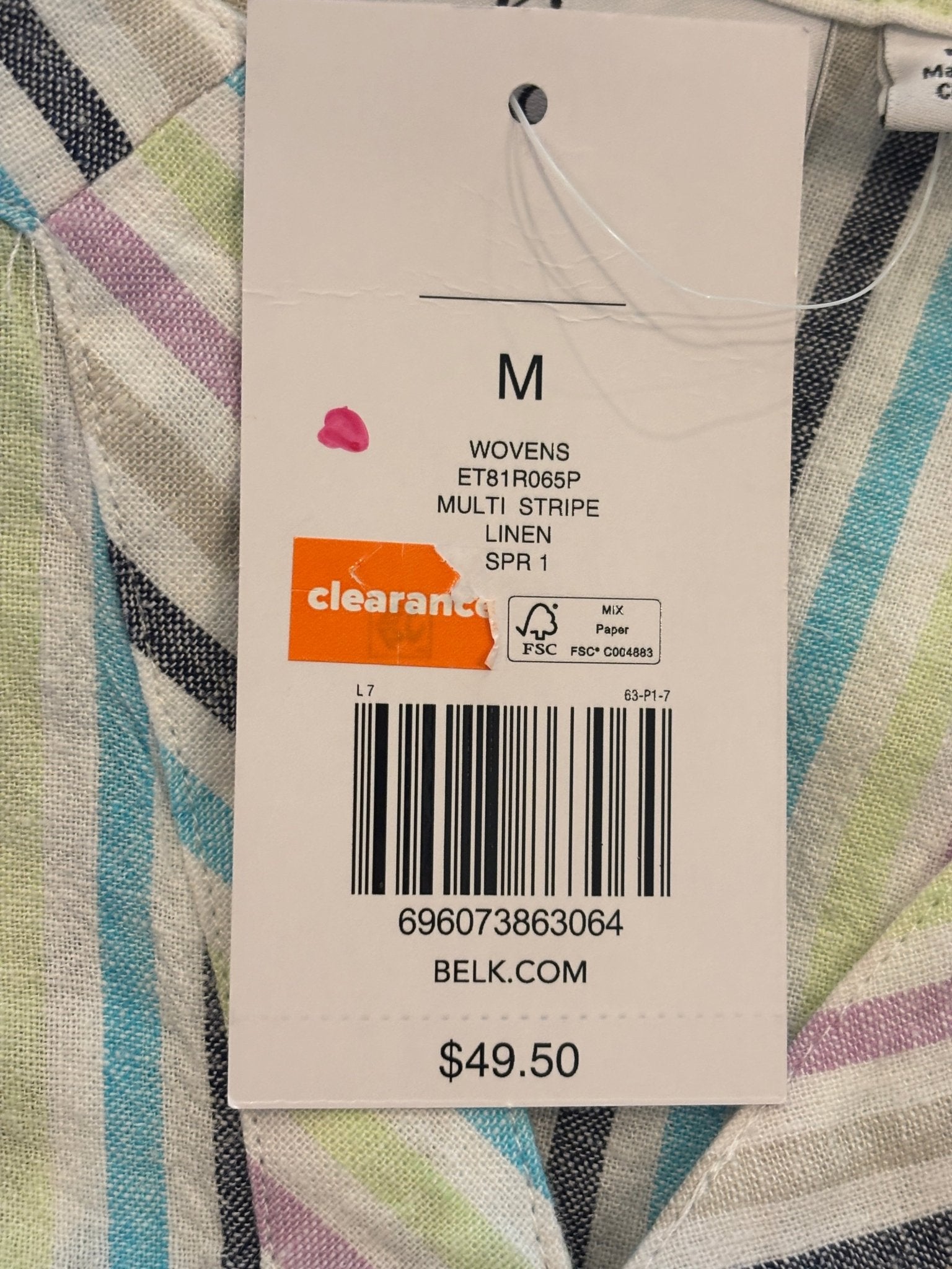 Hang tag showing size M, multi stripe linen, retail $49.50, Belk