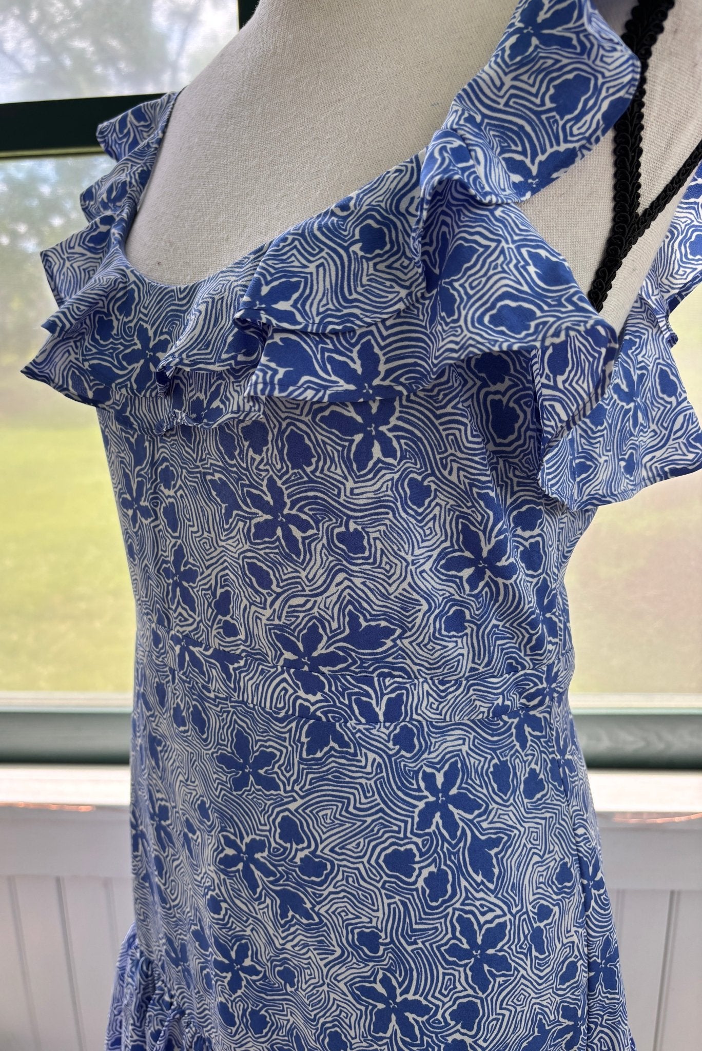 Likely blue floral midi dress ruffle strap and sweetheart neckline detail close up size 6