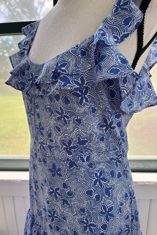 Likely blue floral midi dress ruffle strap and sweetheart neckline detail close up size 6