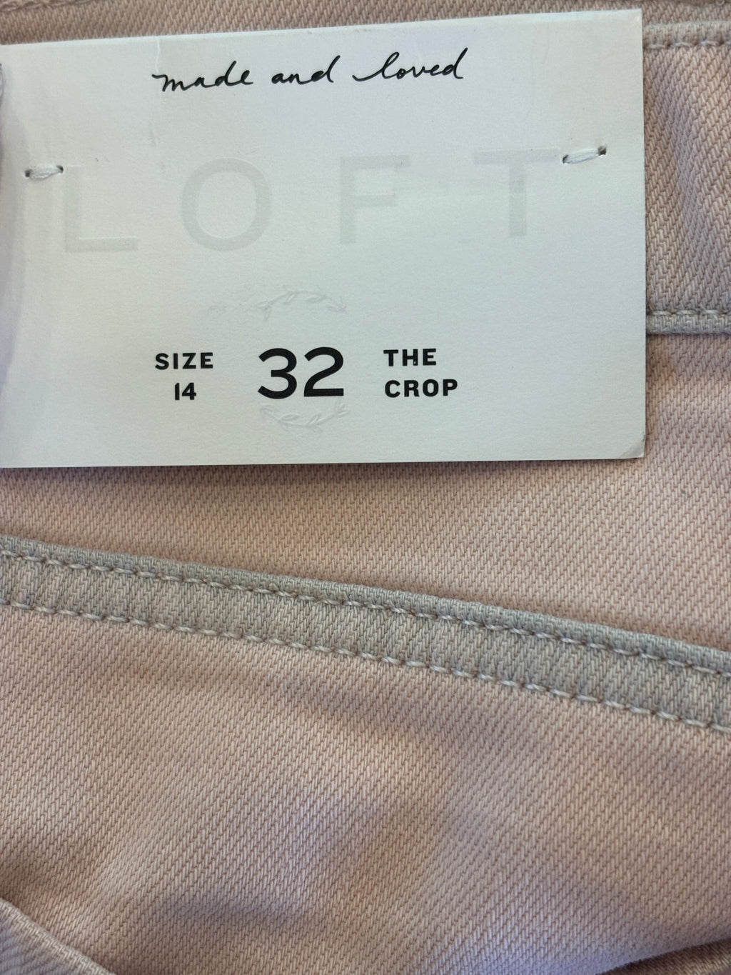 LOFT original hang tag showing size 14/32 The Crop style name