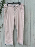 LOFT The Crop blush pink jeans hanging front view showing cropped silhouette and frayed hem, size 14/32