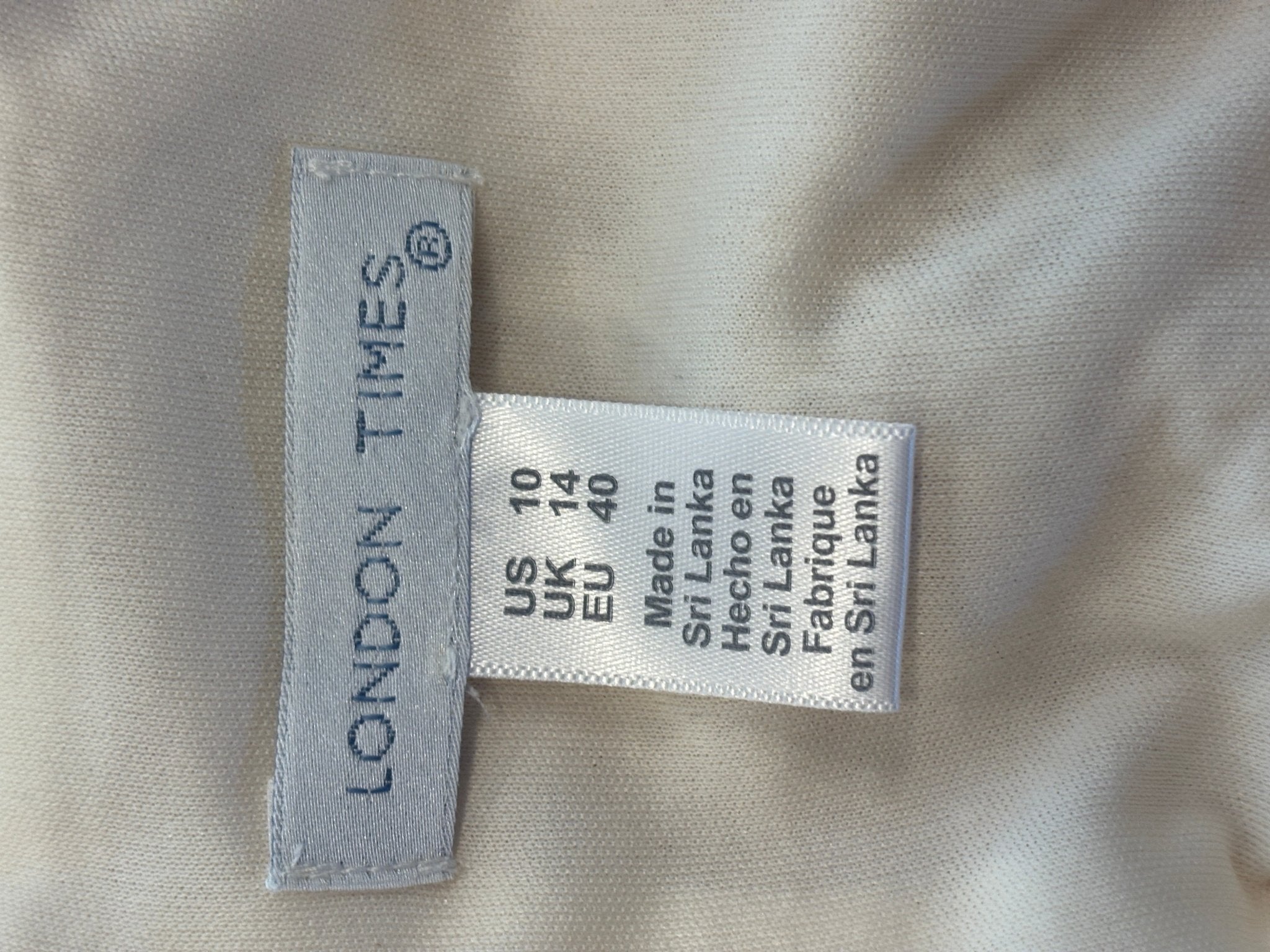 Interior brand label showing London Times size US 10 UK 14 EU 40 Made in Sri Lanka