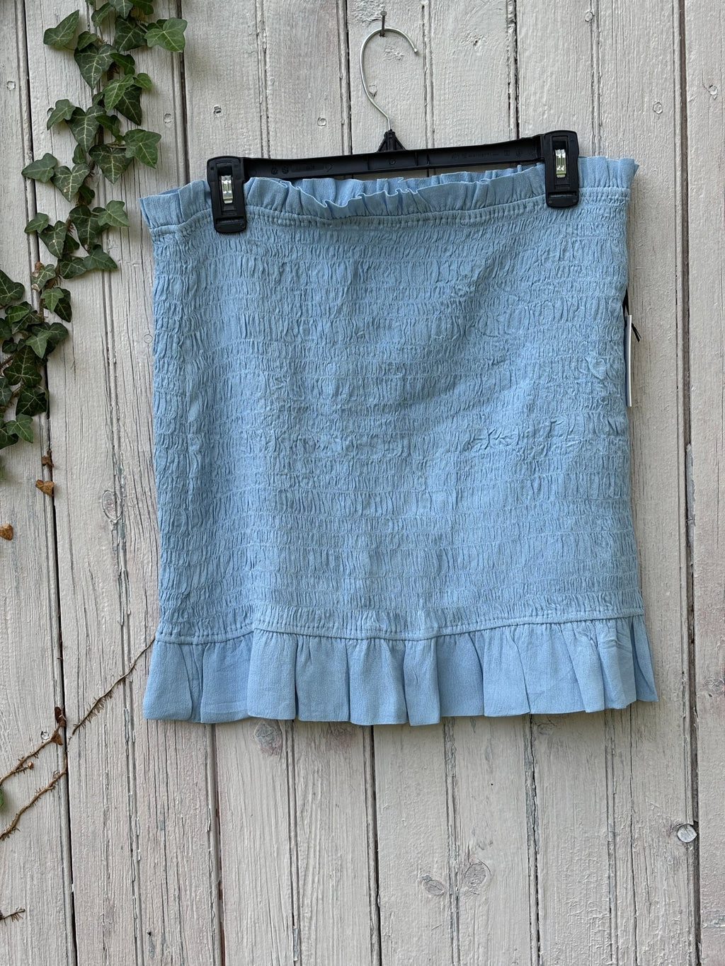 Lovers + Friends sky blue smocked mini skirt, back view on hanger