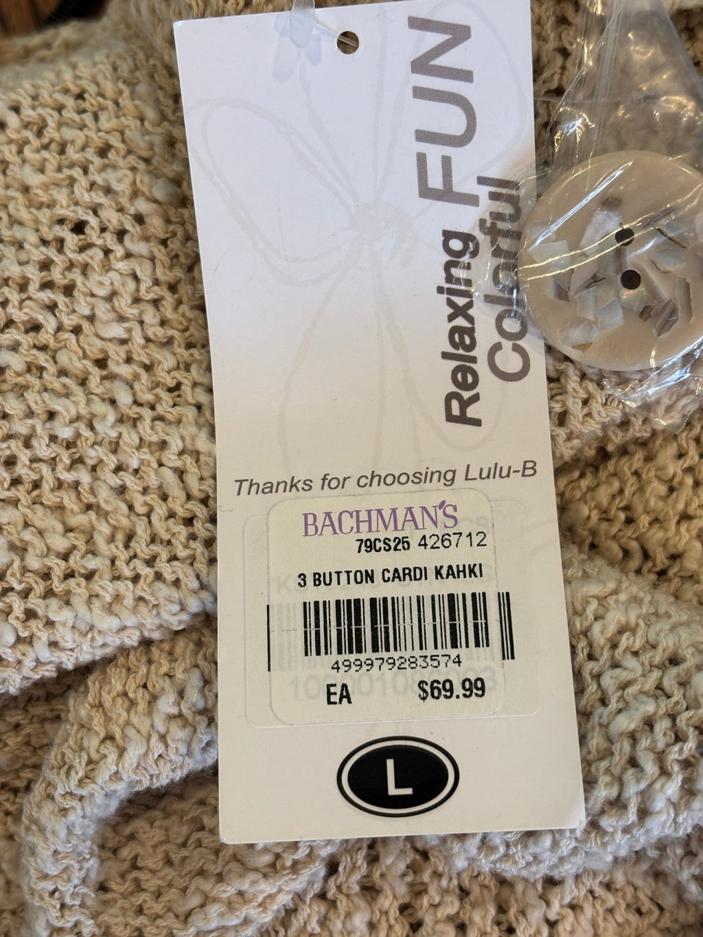 Lulu-B hang tag showing style name, size Large and $69.99 retail price