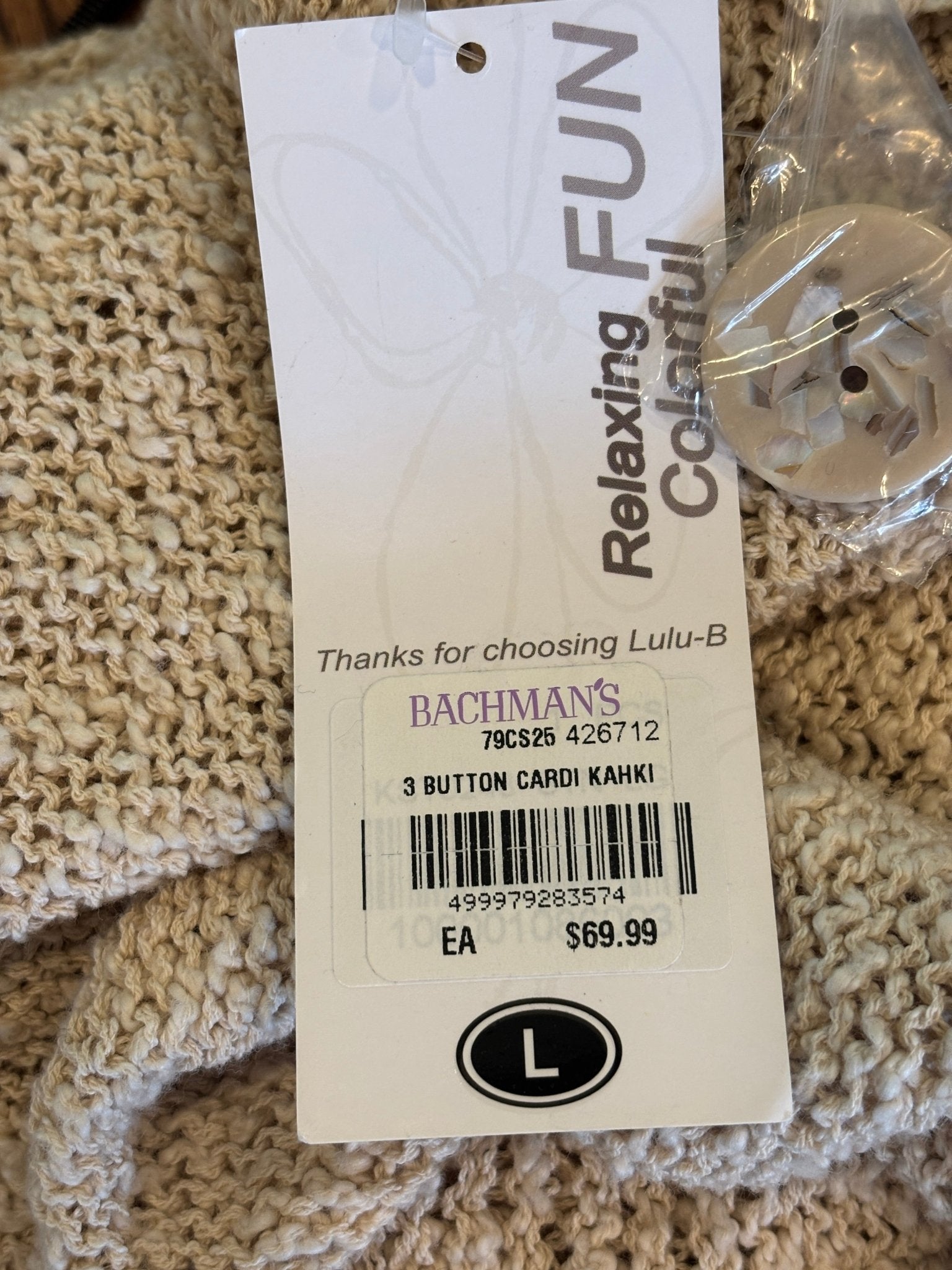Lulu-B hang tag showing style name, size Large and $69.99 retail price