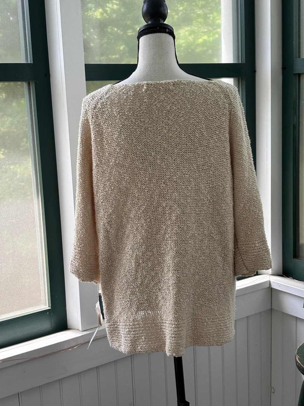 Lulu-B oatmeal knit cardigan, back view showing relaxed boxy silhouette