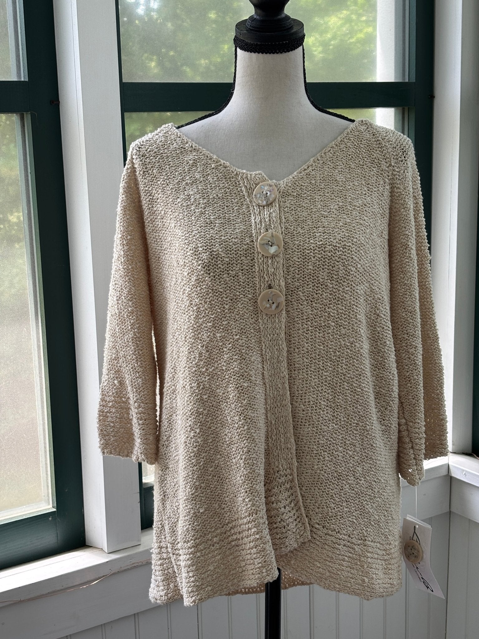 Lulu-B oatmeal three-button open knit cardigan, front view on mannequin