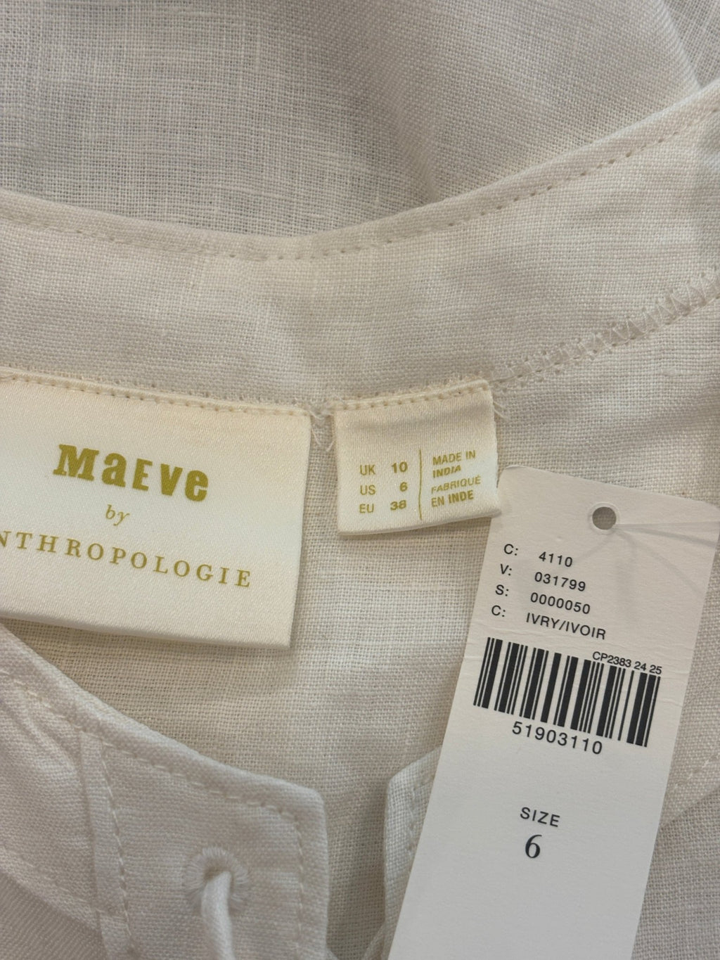 Maeve by Anthropologie brand label showing size 6 US, UK 10, made in India
