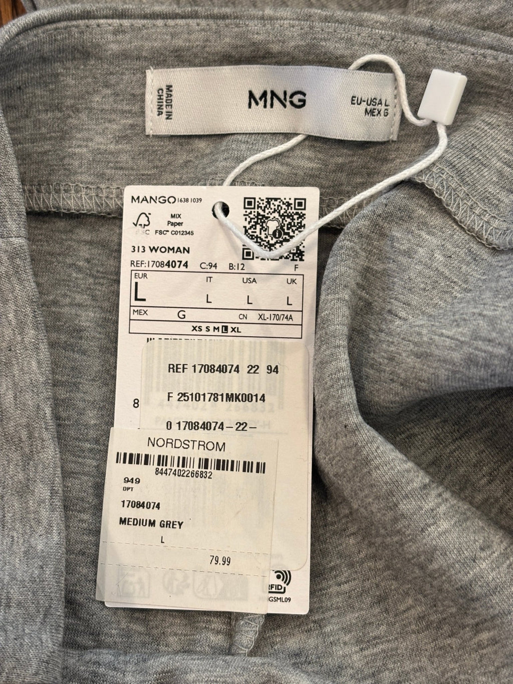 Hang tag showing Mango MNG brand size Large medium grey color and $79.99 retail price from Nordstrom