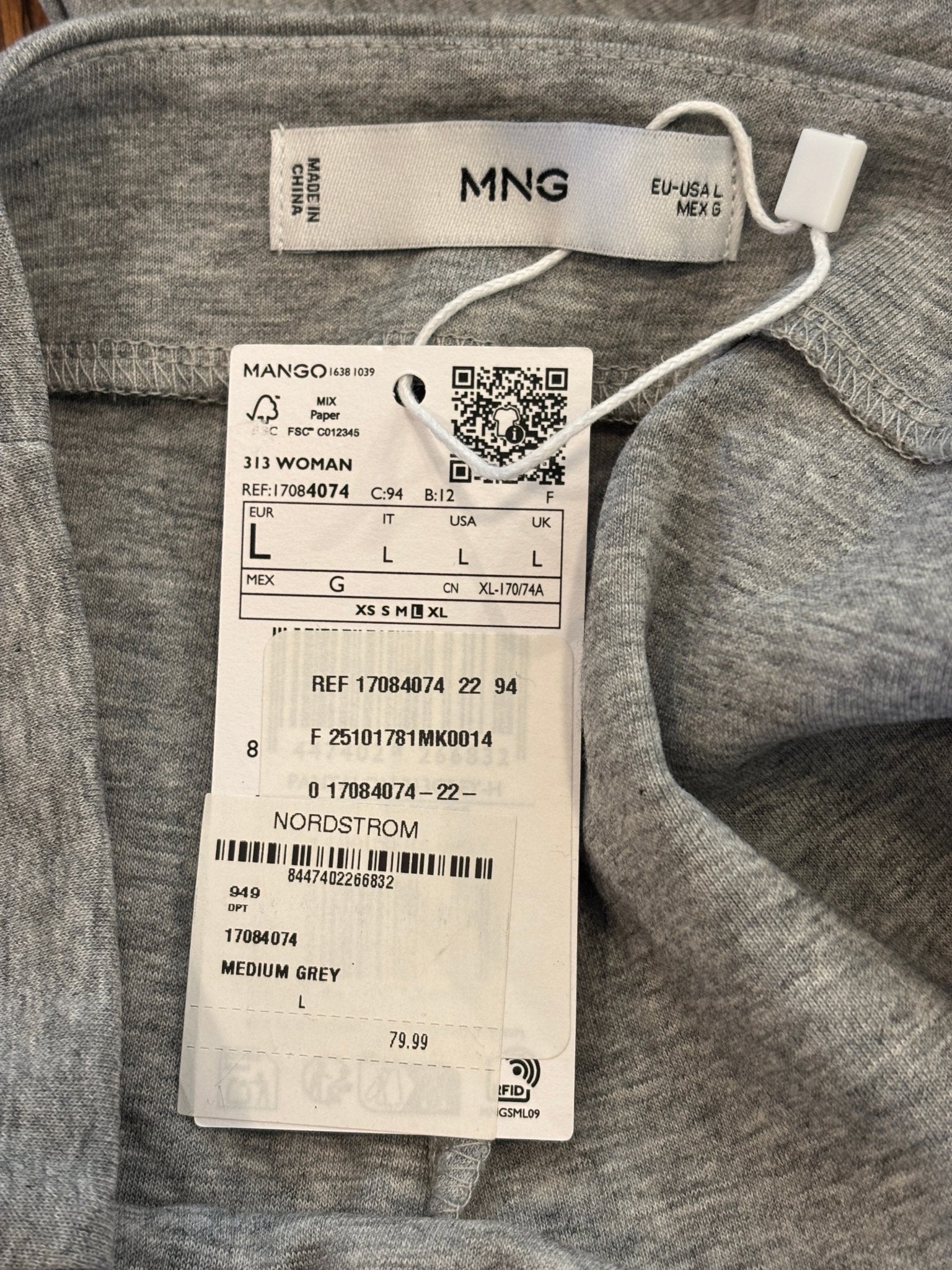 Hang tag showing Mango MNG brand size Large medium grey color and $79.99 retail price from Nordstrom