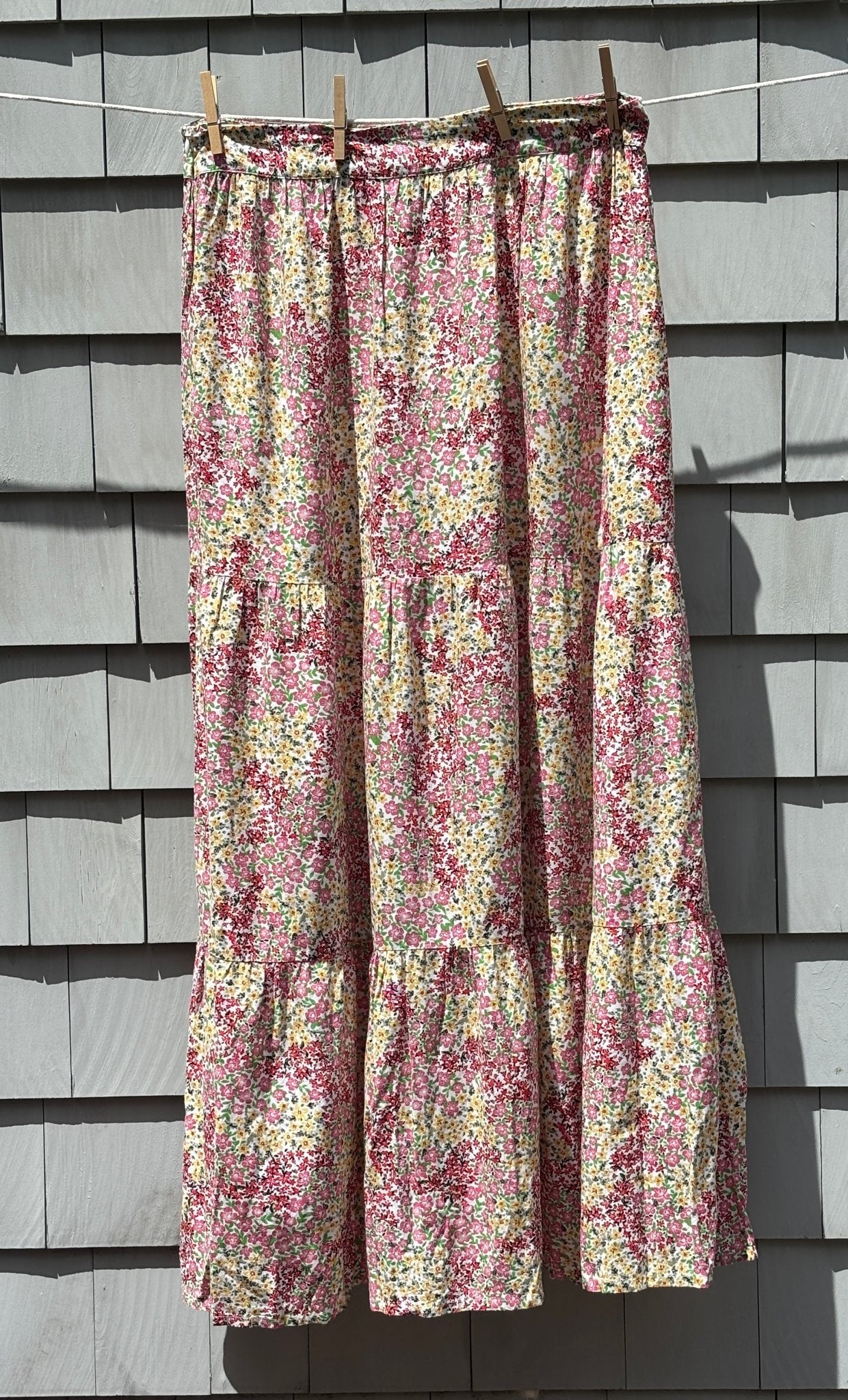 Nasty Gal Collection floral tiered maxi skirt cream background pink red yellow ditsy floral full length view