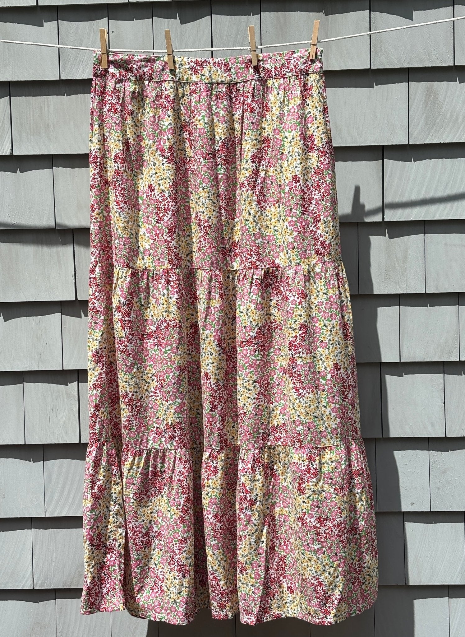 Nasty Gal Collection floral tiered maxi skirt ditsy pink yellow print size 12 front view clothesline