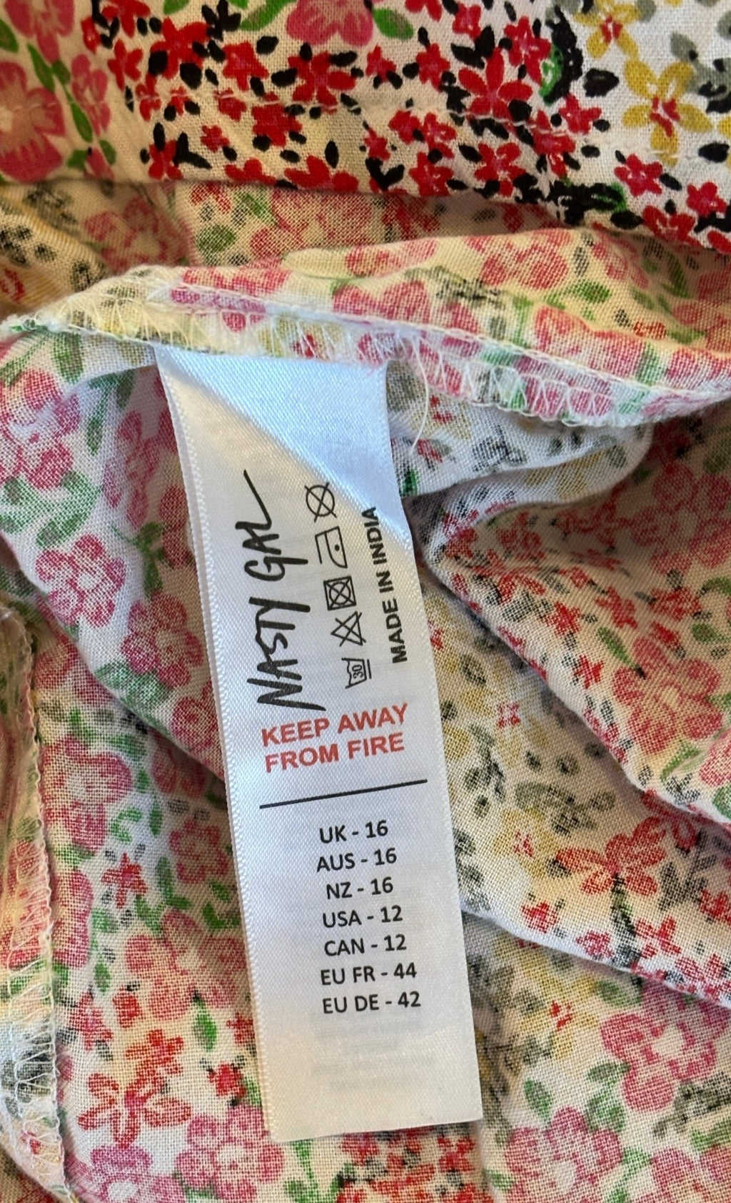 Nasty Gal Collection size label US 12 UK 16 AUS 16 made in India