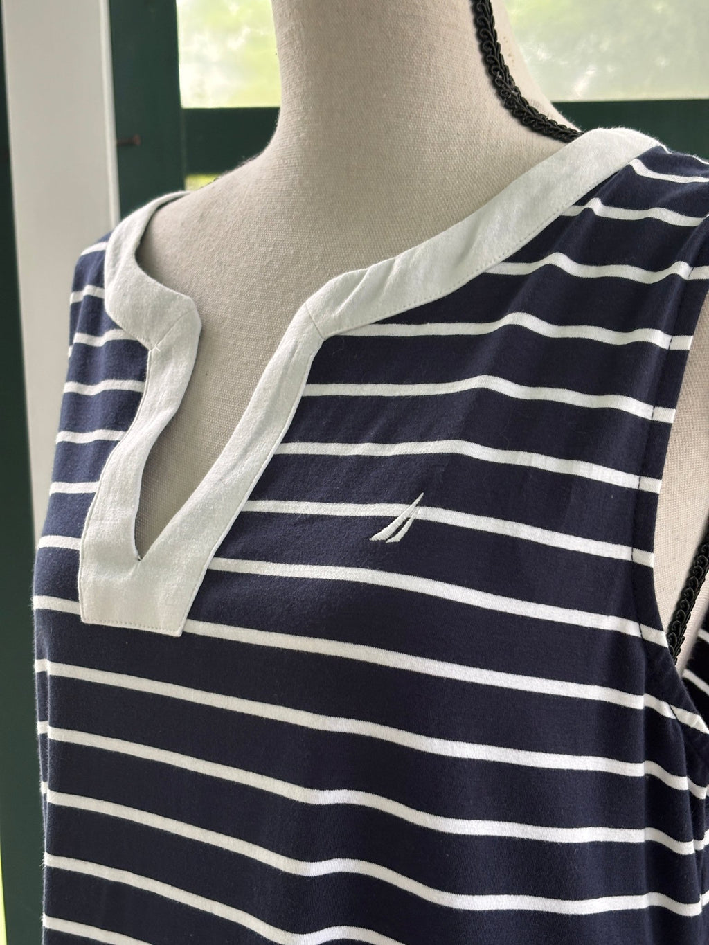 Nautica navy stripe dress split V neckline white trim close up new with tags Sassy and Chic