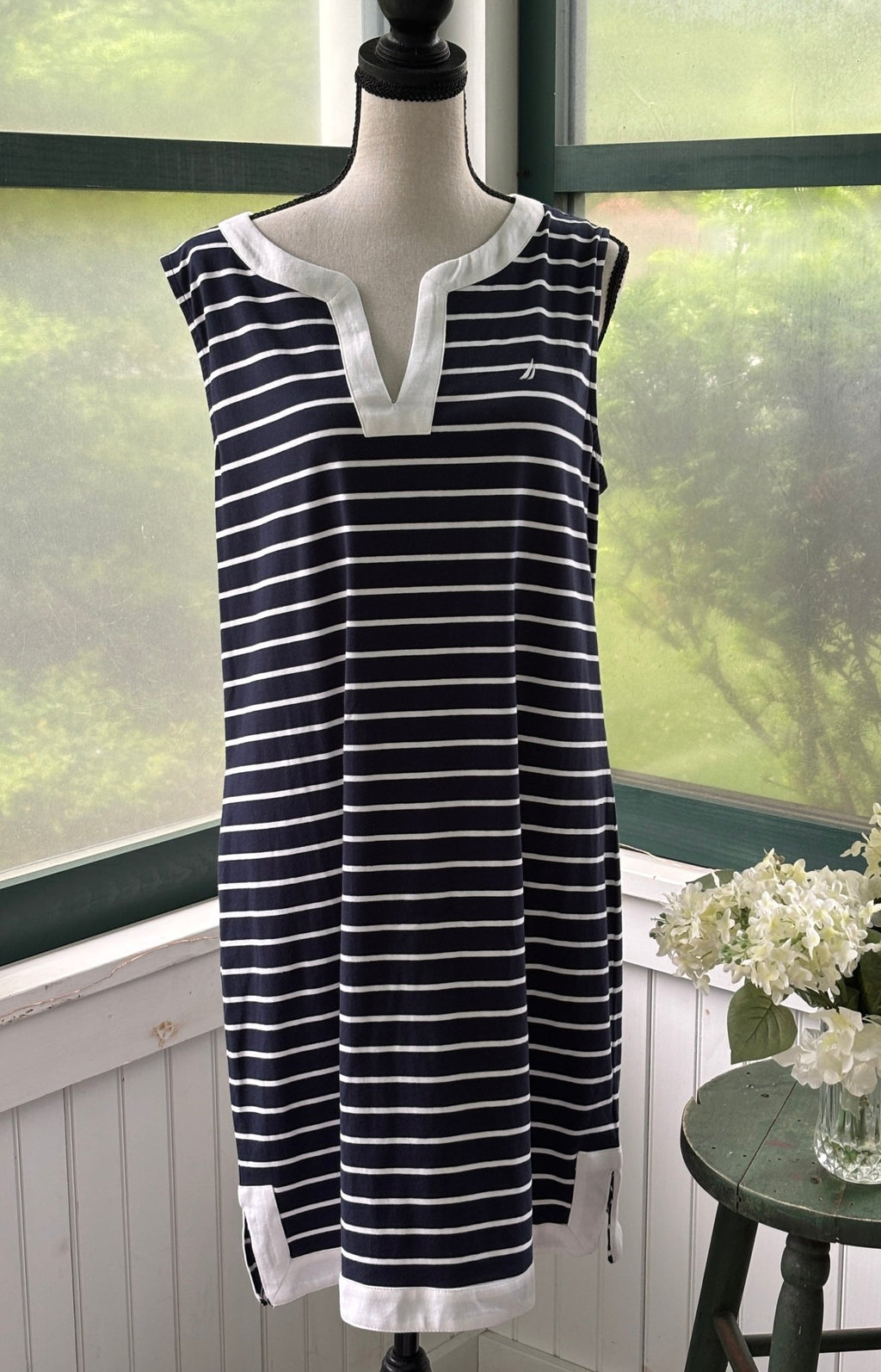 Nautica navy stripe sleeveless shift dress front view new with tags size XL Sassy and Chic