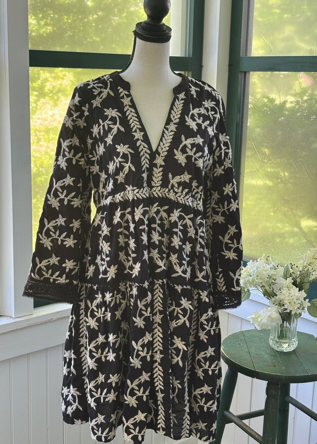 Nema Resort Wear Tatiana Dress black cream embroidery size SM NWT front view full length
