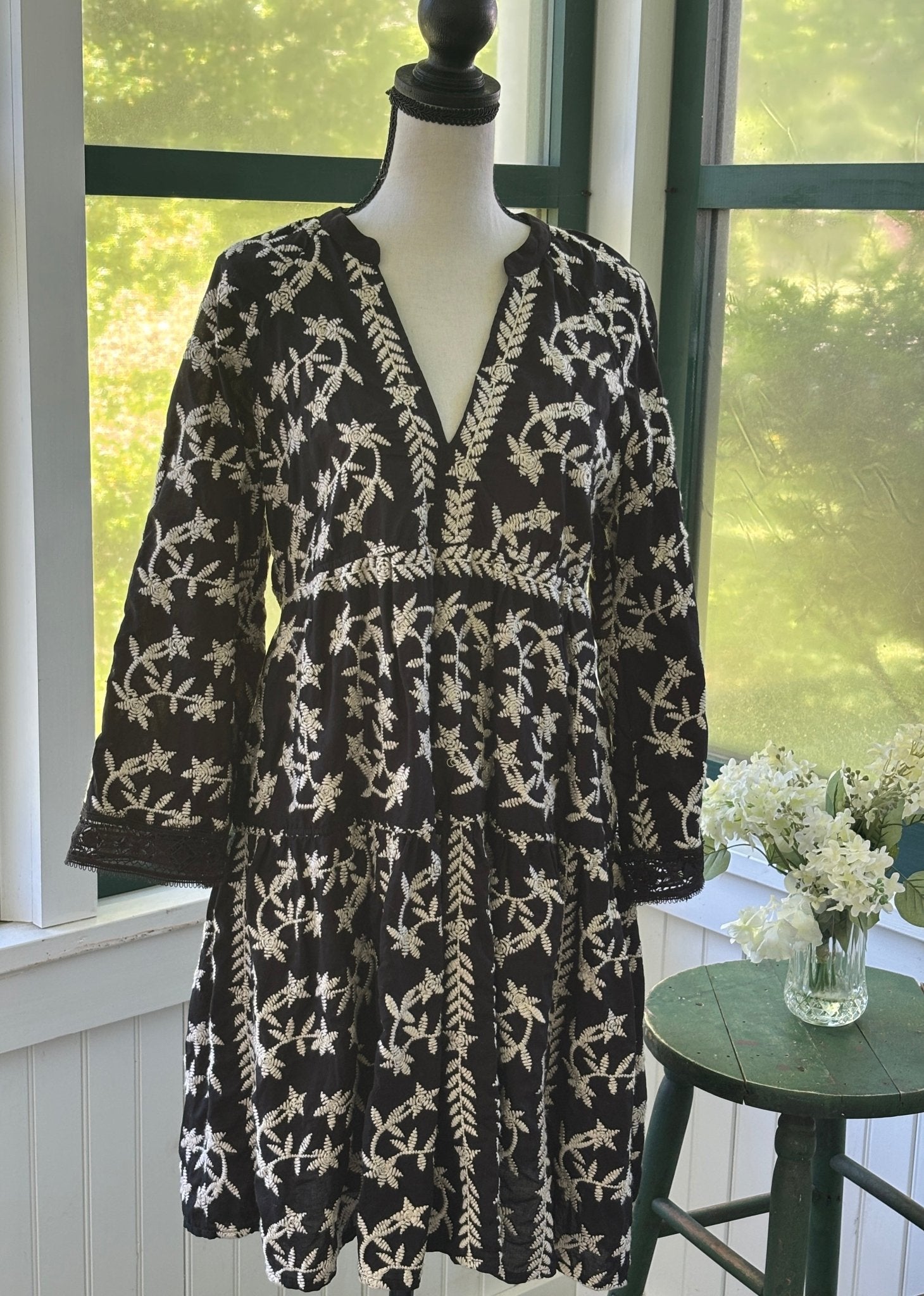 Nema Resort Wear Tatiana Dress black cream embroidery size SM NWT front view full length