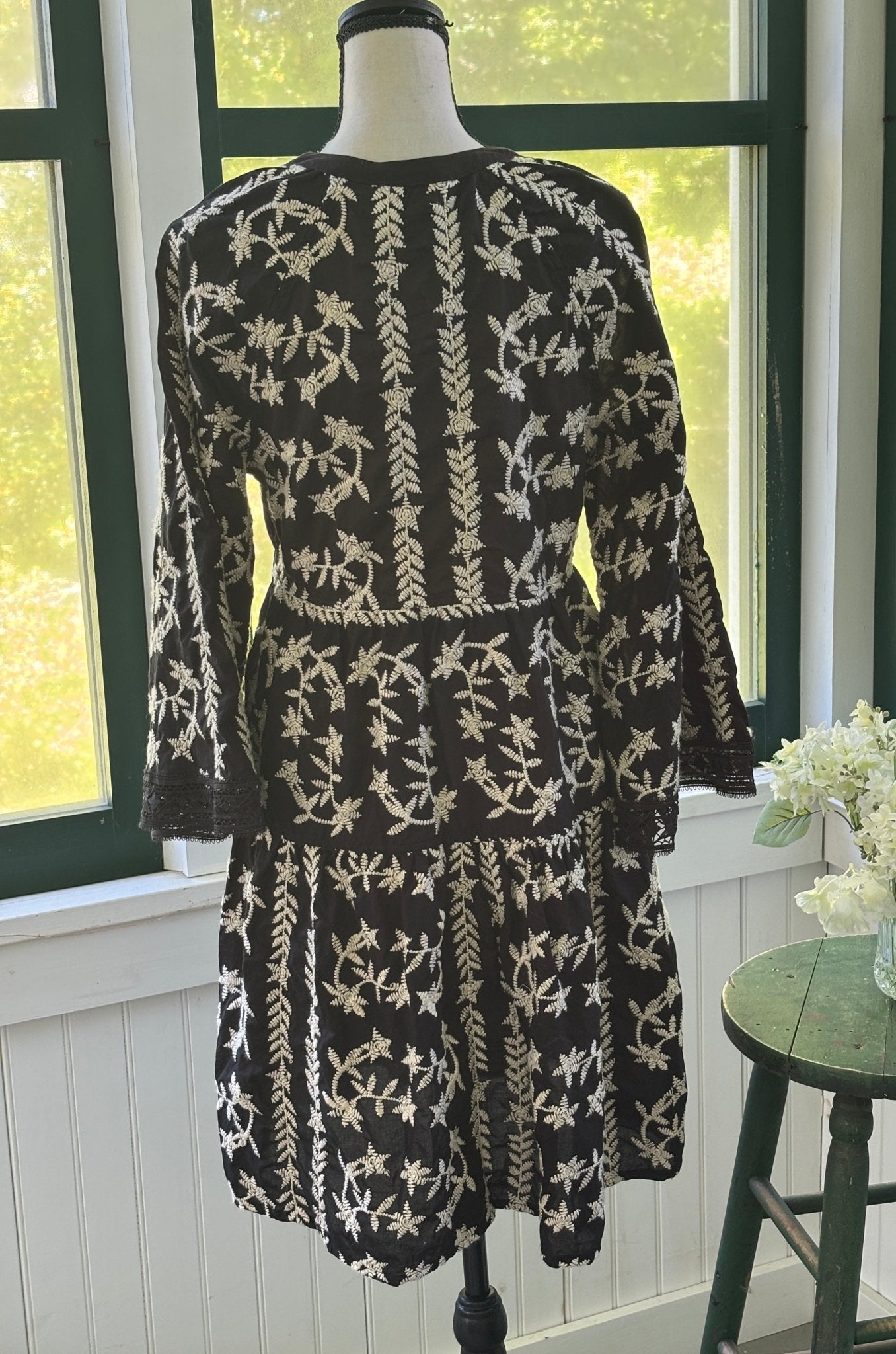 Nema Resort Wear Tatiana Dress black cream embroidery size SM back view full length NWT