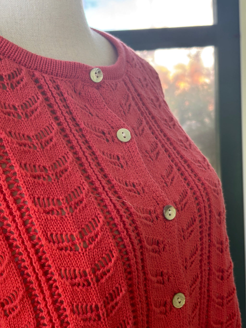 Olivia Grey pointelle cardigan coral pearl button detail close up size medium new with tags Sassy and Chic