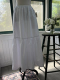 Open Edit white tiered maxi skirt with elastic waist, back view on mannequin